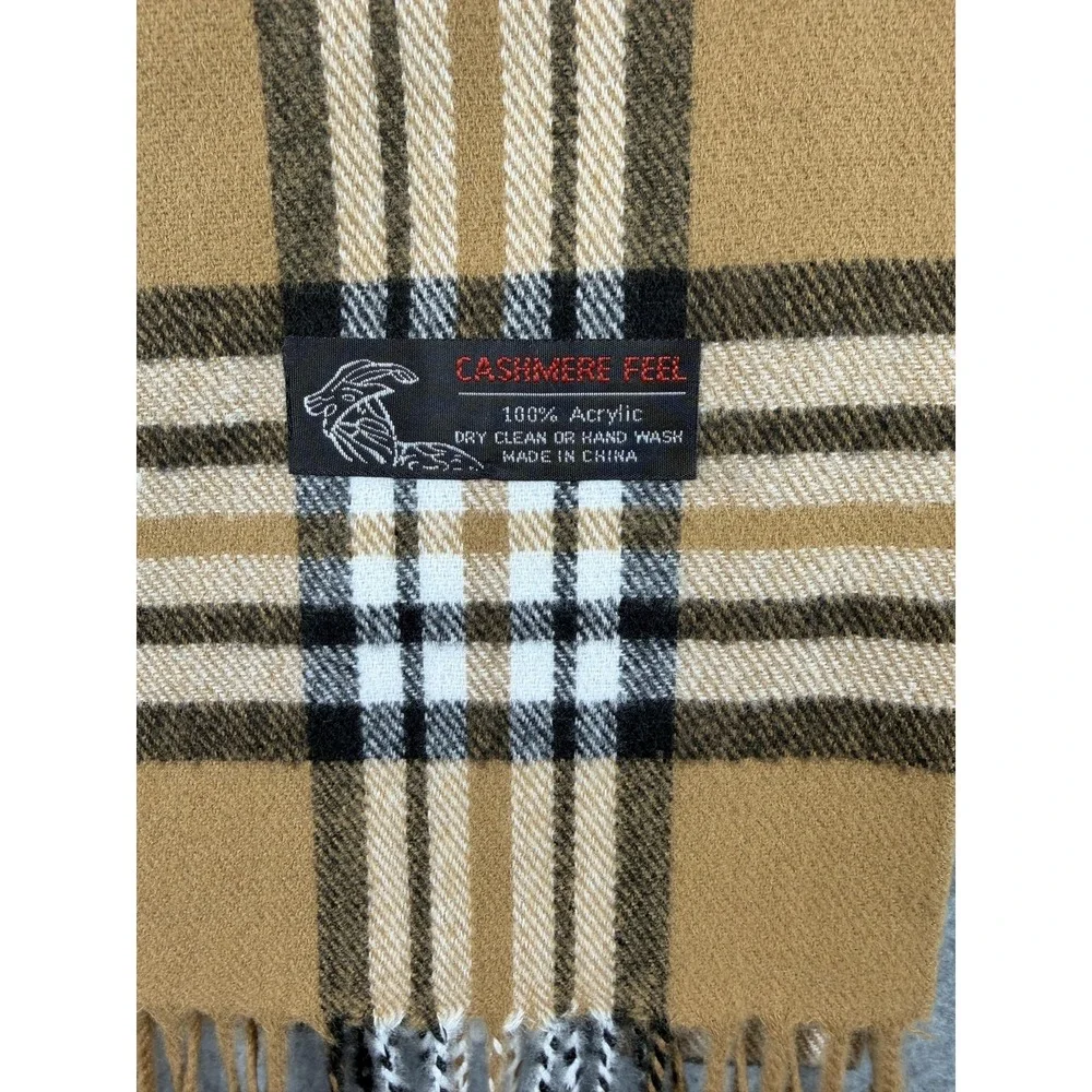 Cashmere Feel Scarf Womens One Size‎ Brown Plaid Fringe Acrylic Neck Warmer